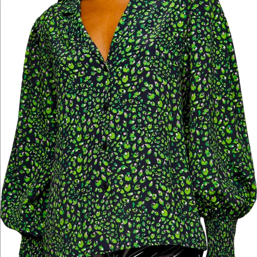 Topshop print baloon sleeve blouse button up 100% Polyester US 8 UK 12